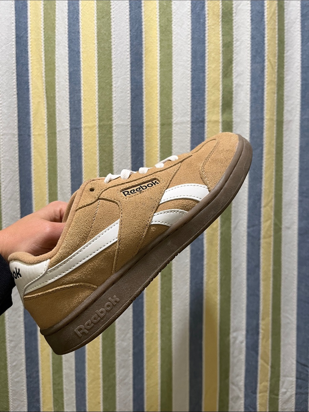 Reebok Tan Suede Sneakers with White Stripes